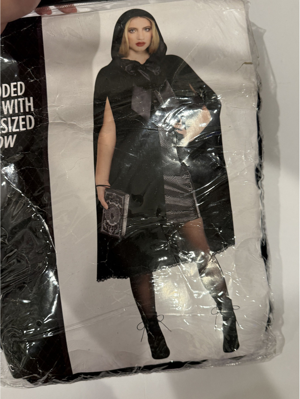 Black "Halloween Costumes" Hooded Cape with oversized One Sized treats tricks